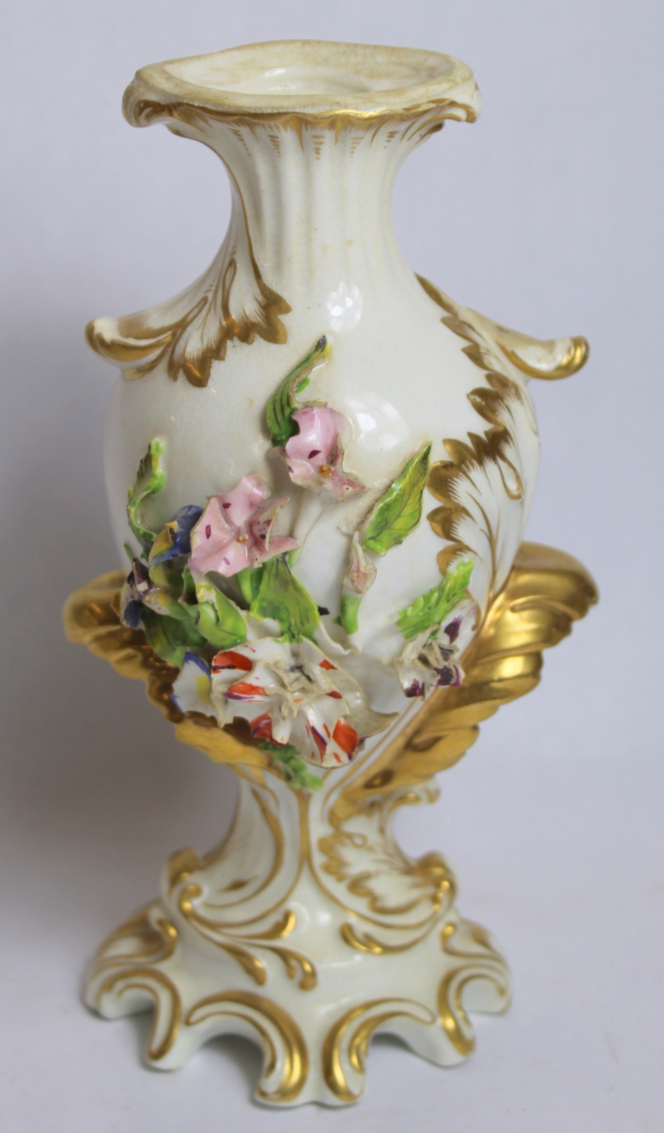 Early 19th century Derby porcelain vase with floral encrustation and moulded gilt foliate scrolling, - Image 3 of 11