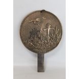 Chinese cast bronze hand mirror decorated with cranes and a turtle at the waters edge with