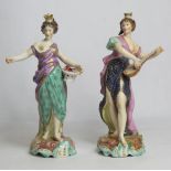 Pair of 19th century porcelain figures of Greek goddesses, each with gilt coronet, one playing a