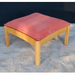 Ercol centre stool with square loose cushioned seat, raised on rounded square legs, 58cm wide,