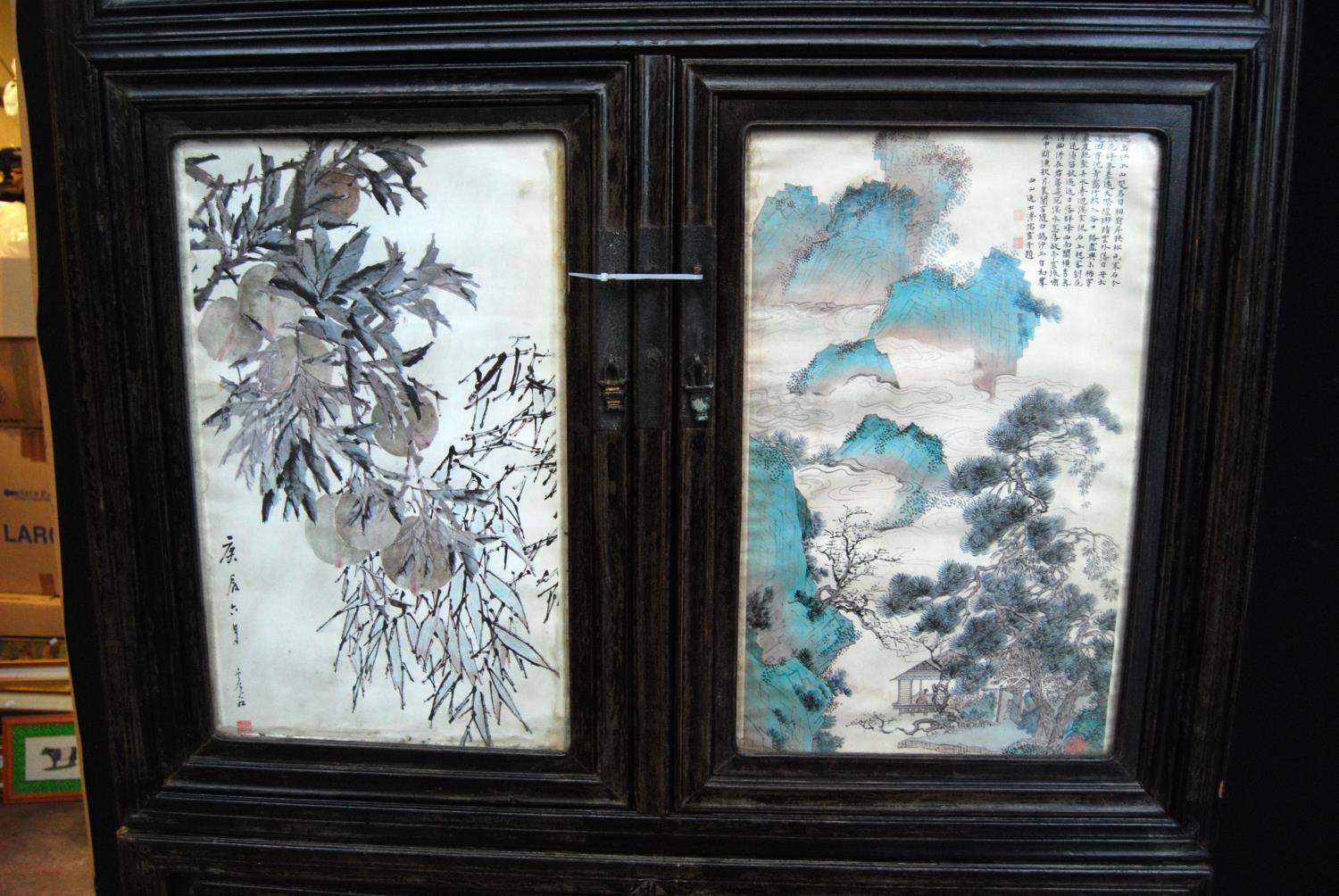 Chinese cabinet of rectangular form with pierced fretwork, mirrored doors, panelled doors and - Image 2 of 11