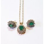 Emerald and diamond cluster pendant and a pair of matching earrings, 9ct gold.   (3)