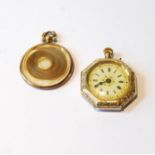Geneva cylinder watch in enamelled octagonal gold case, '14k', and a locket, 9ct gold, 1906.   (2)
