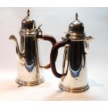 Pair of silver café au lait pots of early 18th century plain tapering shape, Reid & Sons, 1964,