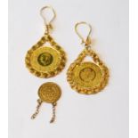 Pair of Chinese gold earrings and a gold dollar, 1853, 8.9g.