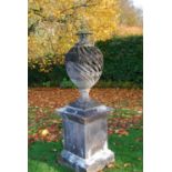 Large composite Regency style lidded garden urn, on plinth base, 160cm high.