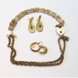 Pair of Victorian gold drop earrings, cased, two others, a 9ct gold bracelet and a similar