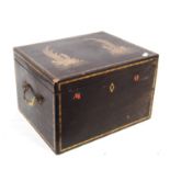 Late 19th century oriental lacquered tea caddy decorated with gilt horses and foliage with lead