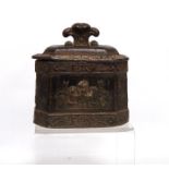 19th century lead tobacco box with plume finial, canted corners, floral banding and fleur de lys