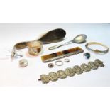 Silver napkin ring, child's hair brush and various silver and other items.