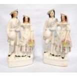 Pair of Staffordshire flatbacks depicting a gentleman carrying a vessel and a lady with a basket