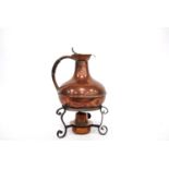 19th century Aesthetic copper jug on stand with scrolling legs over burner, 21cm high.
