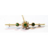 Edwardian gold pin with three demantoid garnets and pearl cluster, probably 15ct gold.