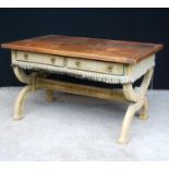 19th century oak topped hall table, the rectangular top over frieze drawers, X-frame legs united