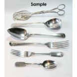 Set of six silver soup spoons, two tablespoons, three forks, 1806, three dessert forks and three