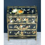 Chinoiserie bureau decorated with birds and blossom, the panelled fall flap enclosing simple