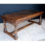 18th century style refectory table with rectangular plank top enclosing leaves, raised on block