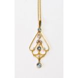 Edwardian gold pendant with aquamarine, pearls and rose diamonds, 'plat 15ct', cased.