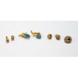 Pair of turquoise earrings of double comma shape and two other pairs, and another, odd, all gold,