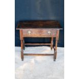 18th century oak hall table, the moulded rectangular top over frieze drawer with drop handles,