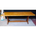 Oak refectory table, the rectangular top raised on rectangular supports with applied anchor