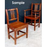 Set of eight 19th century oak country dining chairs, each with vertical splats, solid seats and