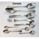 Two silver tablespoons, Edinburgh 1799, nine forks, seven various dessert spoons, a ladle, a pair of