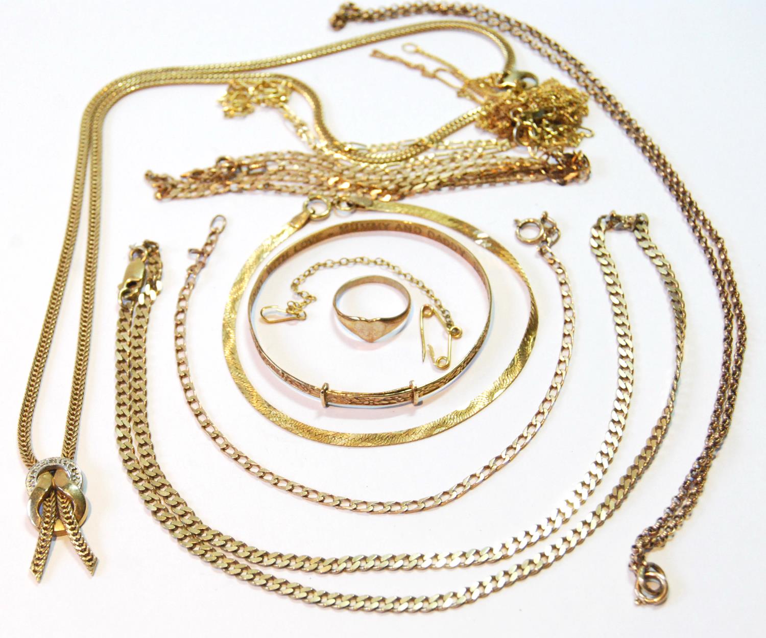 Various necklets, bracelets, a ring and other items, mostly 9ct gold, gross 34g.