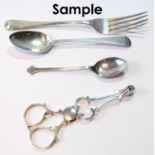 Six silver dessert forks, 1825, six teaspoons, 1832, another eight, trefid, and sugar nippers, 1898,