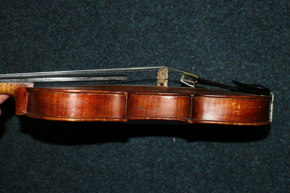 Violin with two piece back, 37cm from top of button to base, no label, in fitted case with two bows - Image 10 of 13