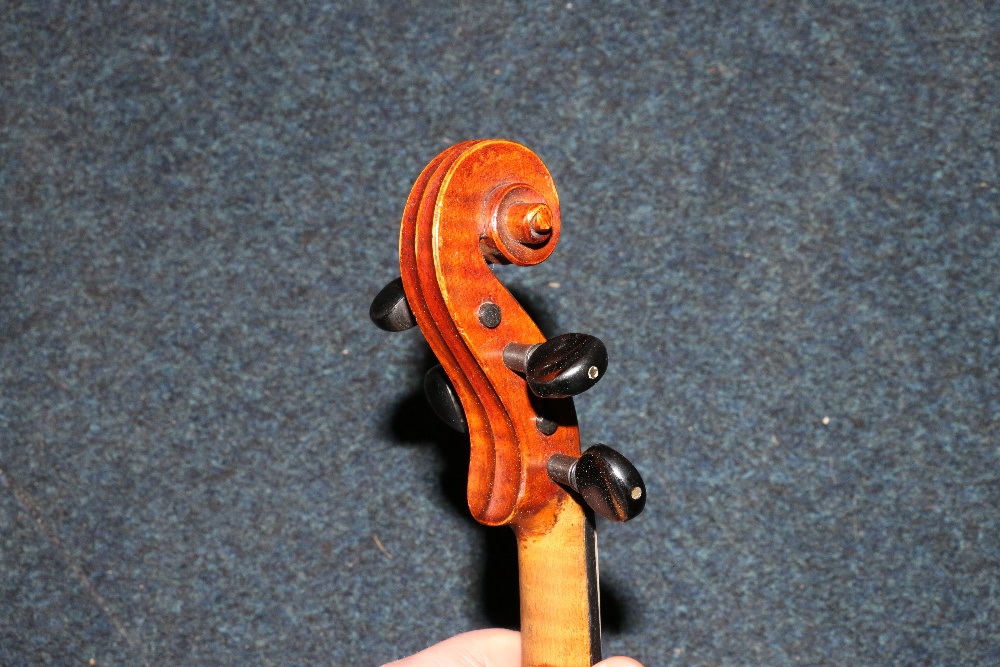 Violin with two piece back, 37cm from top of button to base, no label, in fitted case with two bows - Image 9 of 13