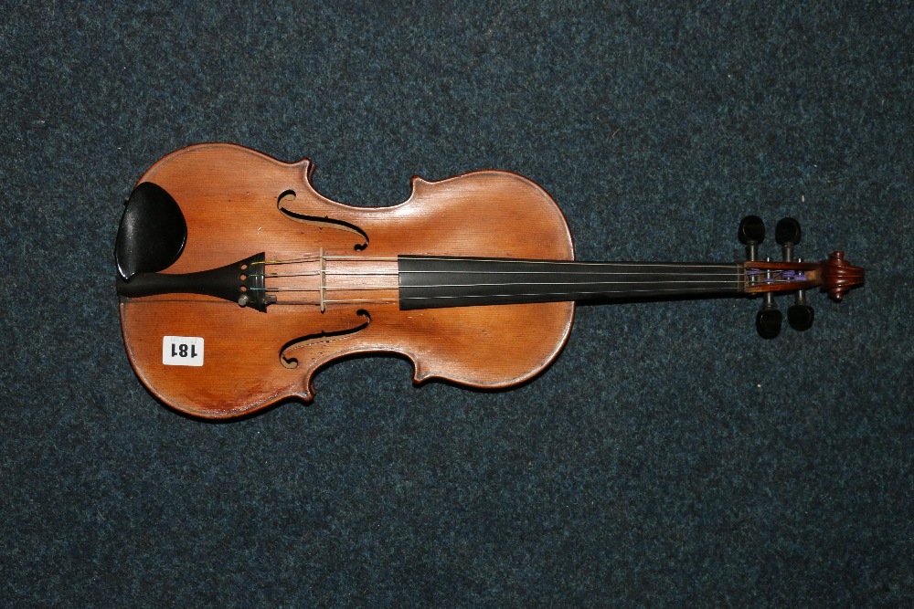Violin with two piece back, 37cm from top of button to base, no label, in fitted case with two bows - Image 7 of 13