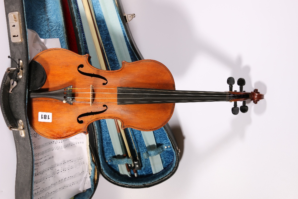 Violin with two piece back, 37cm from top of button to base, no label, in fitted case with two bows