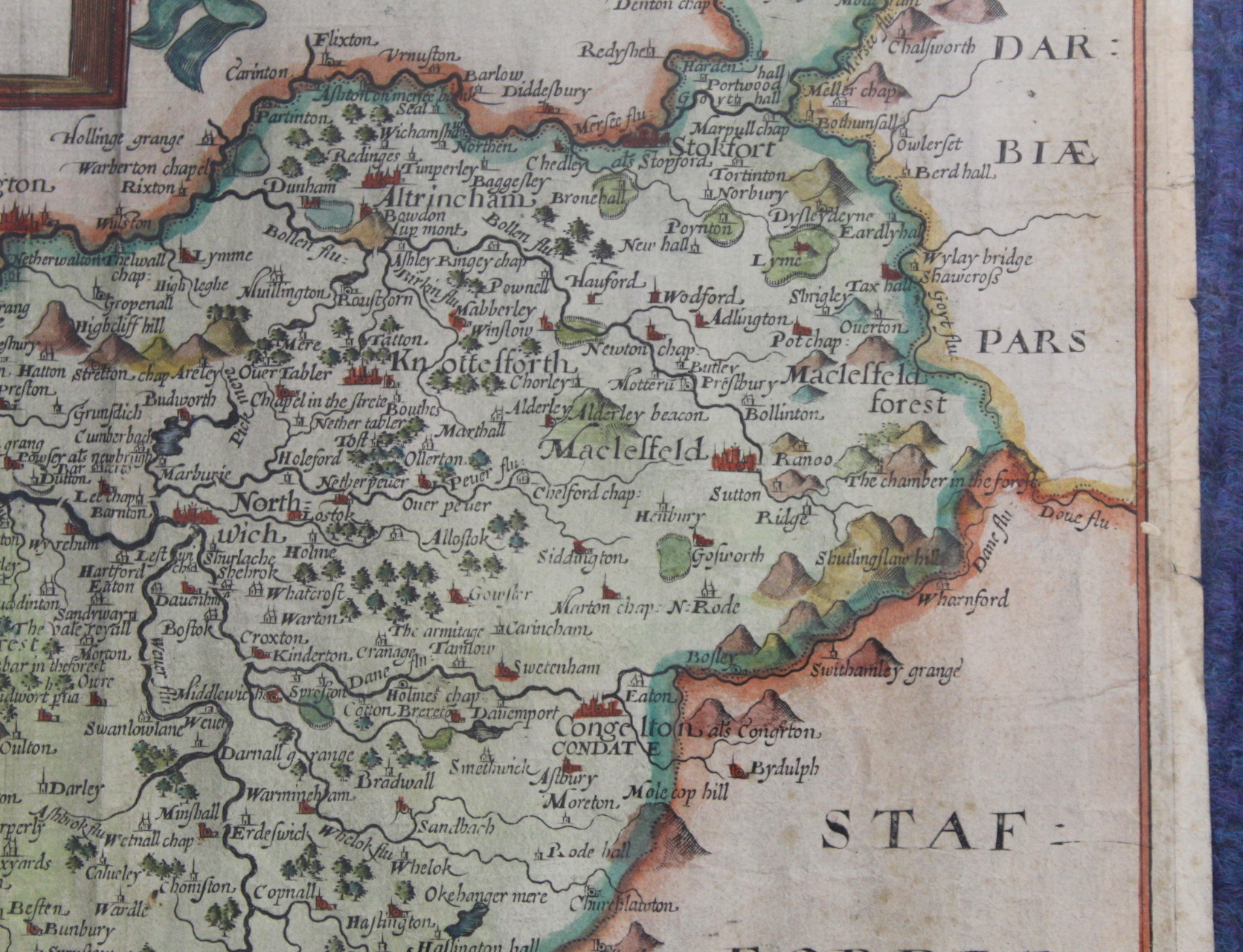 SAXTON CHRISTOPHER.  Cestriae (Cheshire). Antique hand coloured eng. map. 11" x 12", rolled, c.1610. - Image 10 of 27