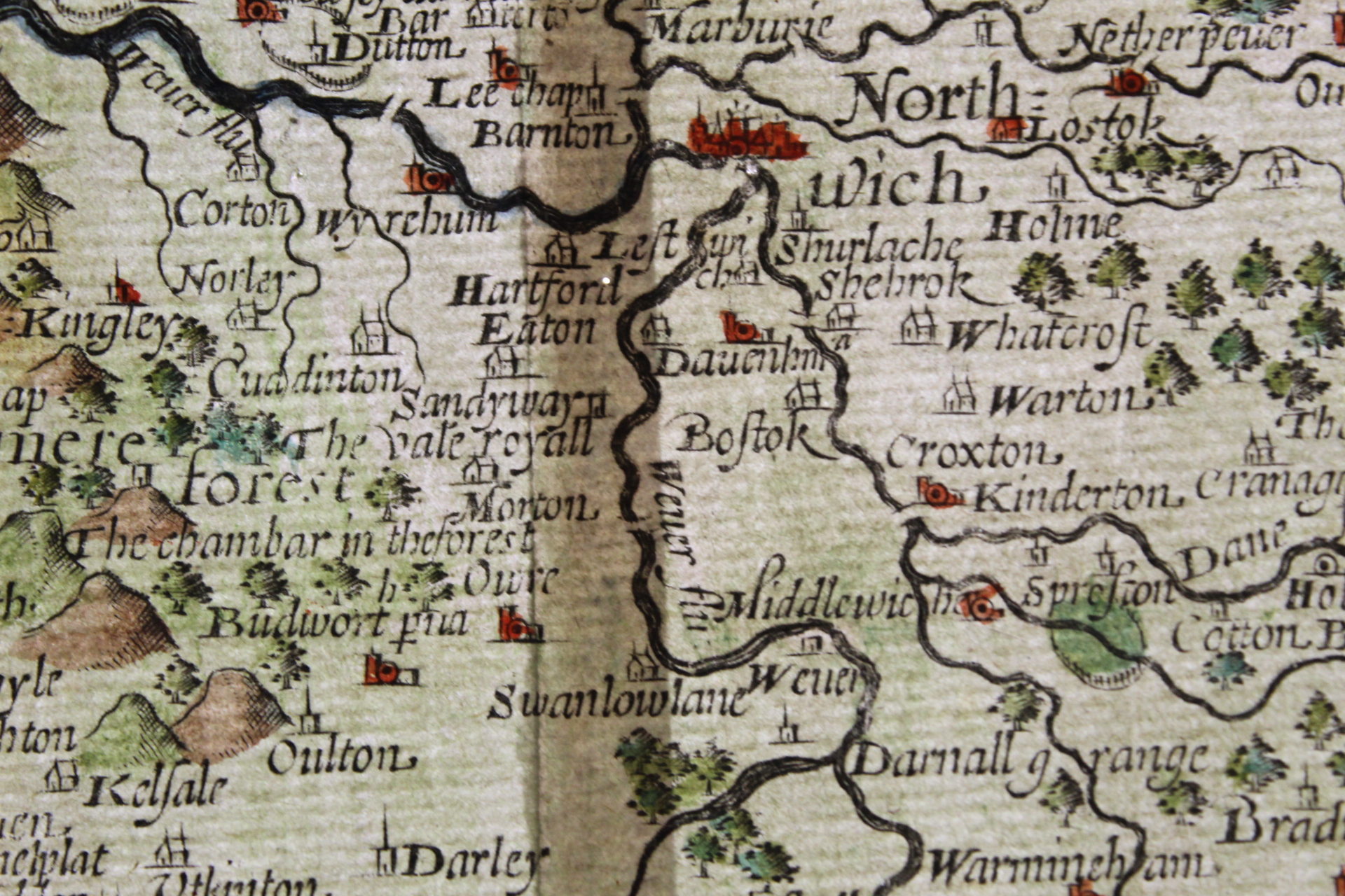 SAXTON CHRISTOPHER.  Cestriae (Cheshire). Antique hand coloured eng. map. 11" x 12", rolled, c.1610. - Image 23 of 27