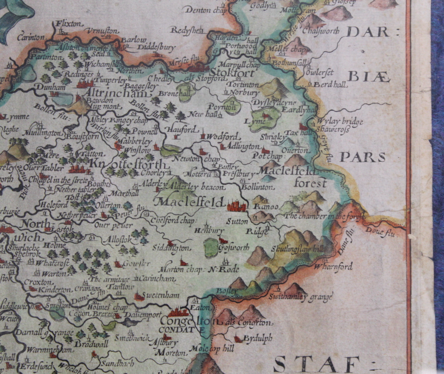 SAXTON CHRISTOPHER.  Cestriae (Cheshire). Antique hand coloured eng. map. 11" x 12", rolled, c.1610. - Image 7 of 27