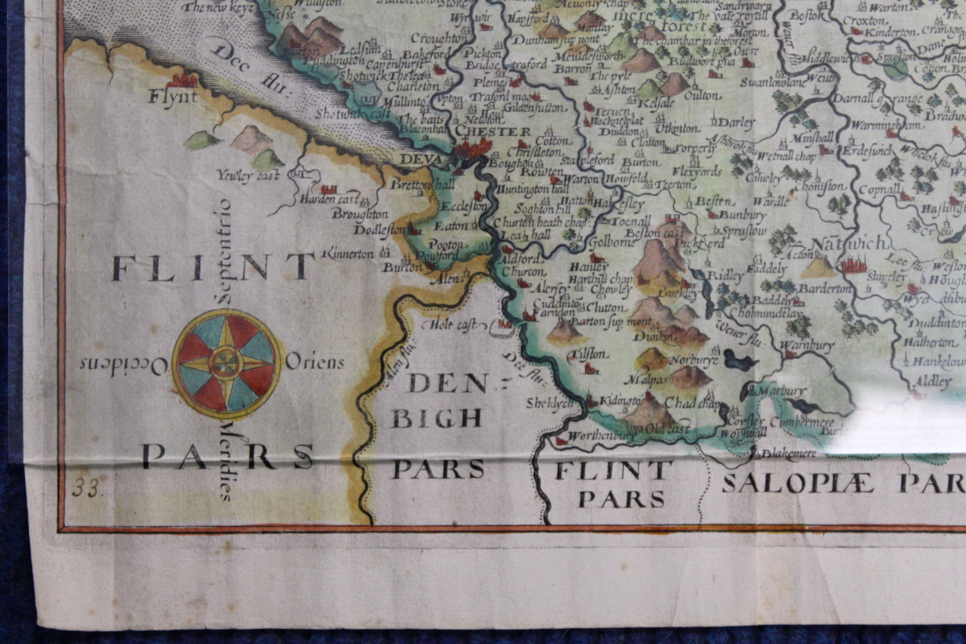 SAXTON CHRISTOPHER.  Cestriae (Cheshire). Antique hand coloured eng. map. 11" x 12", rolled, c.1610. - Image 14 of 27