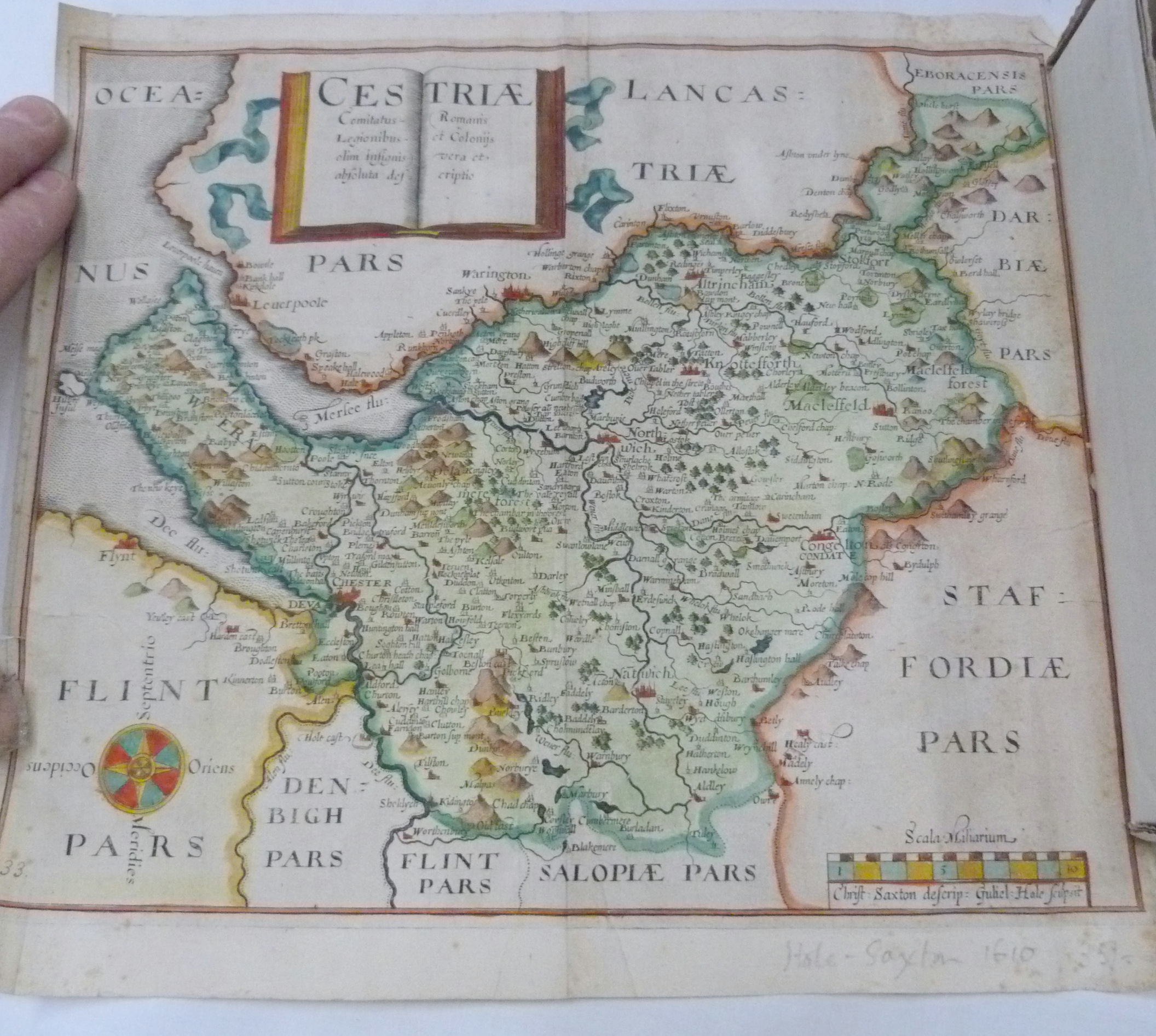 SAXTON CHRISTOPHER.  Cestriae (Cheshire). Antique hand coloured eng. map. 11" x 12", rolled, c.1610.