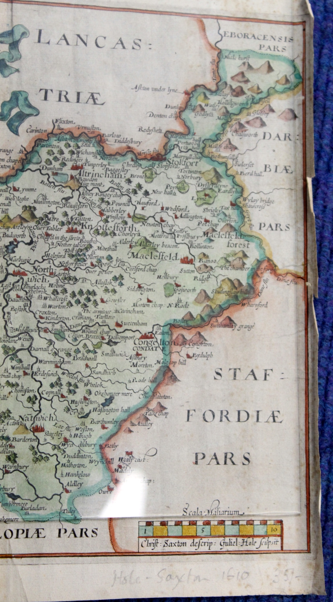 SAXTON CHRISTOPHER.  Cestriae (Cheshire). Antique hand coloured eng. map. 11" x 12", rolled, c.1610. - Image 11 of 27