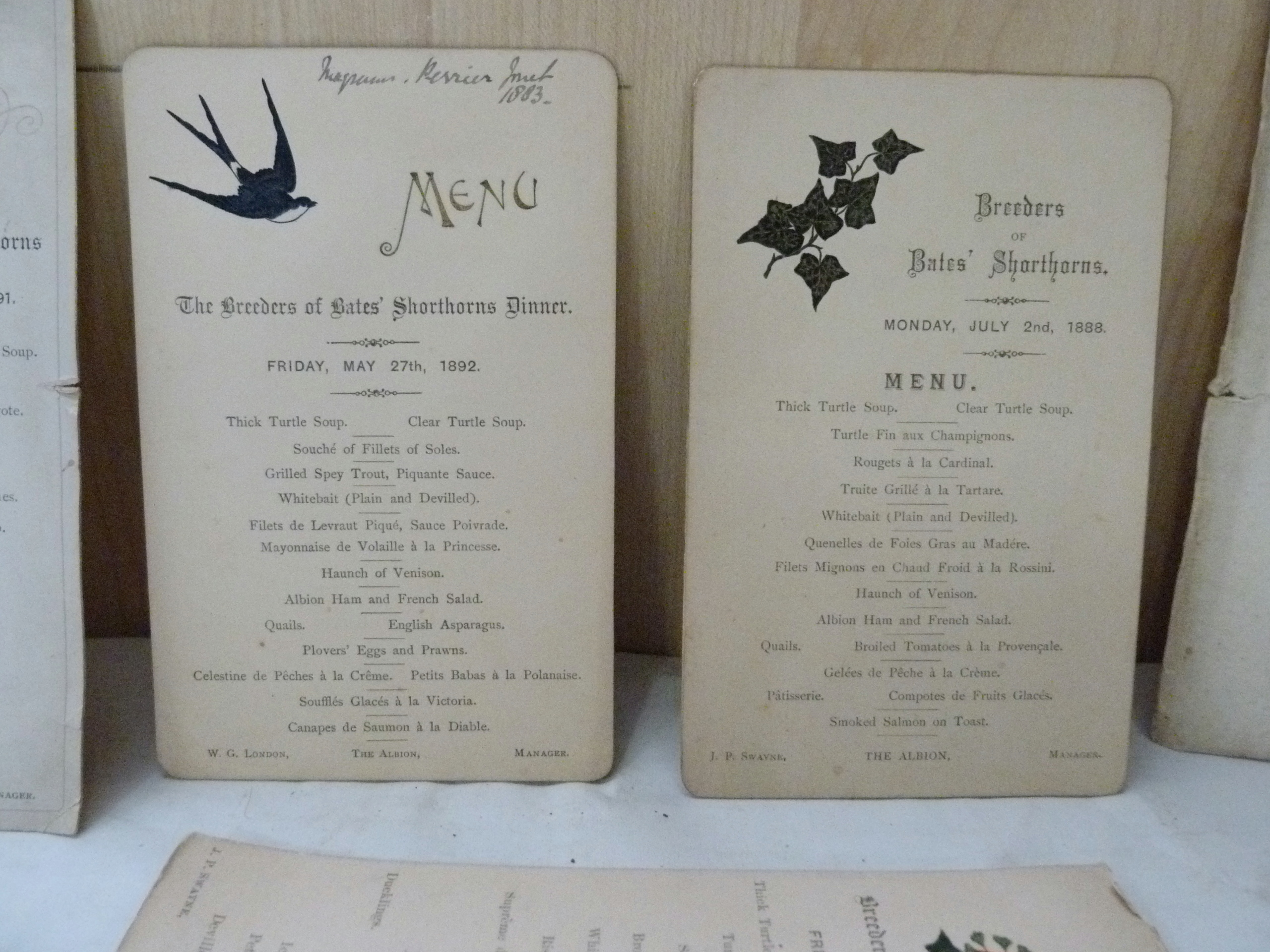 BREEDERS OF BATES`SHORTHORNS.  5 rare menu cards from their annual dinners, each with a decorative - Image 2 of 2