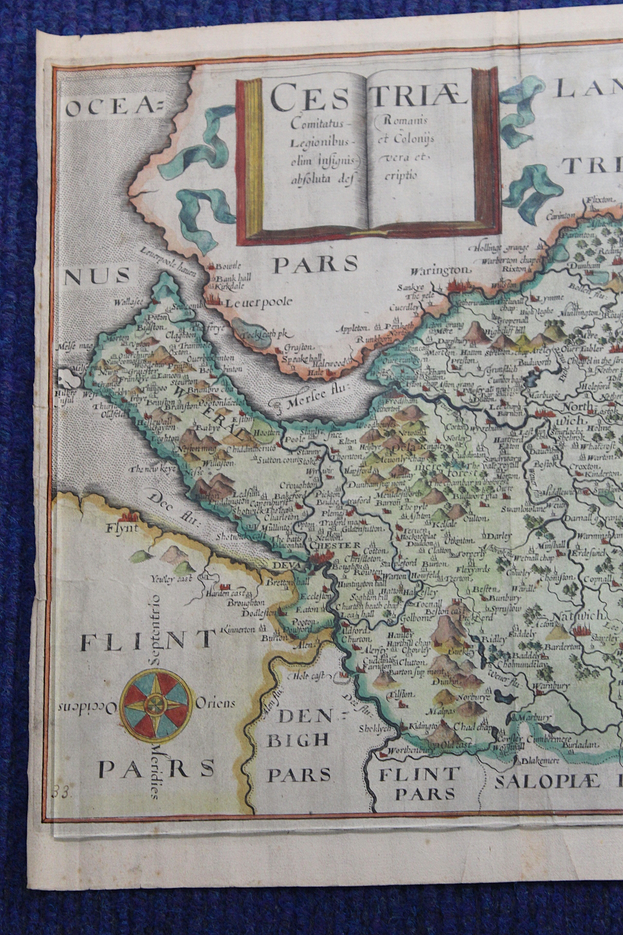 SAXTON CHRISTOPHER.  Cestriae (Cheshire). Antique hand coloured eng. map. 11" x 12", rolled, c.1610. - Image 16 of 27