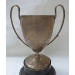 Silver two handled trophy cup "Challenge Cup" by West, Dublin 1904. 10" without plinth, 28oz.