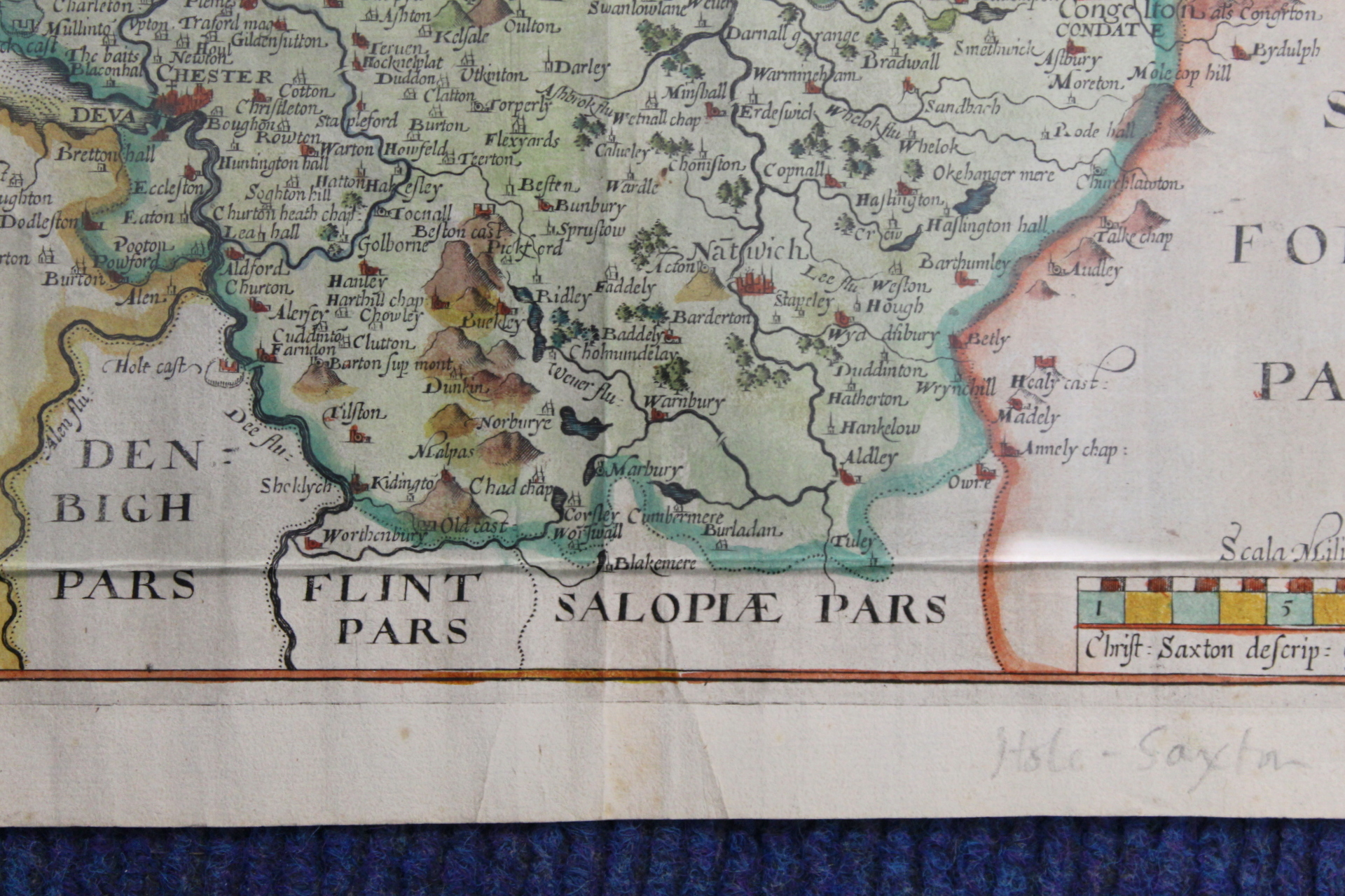 SAXTON CHRISTOPHER.  Cestriae (Cheshire). Antique hand coloured eng. map. 11" x 12", rolled, c.1610. - Image 15 of 27
