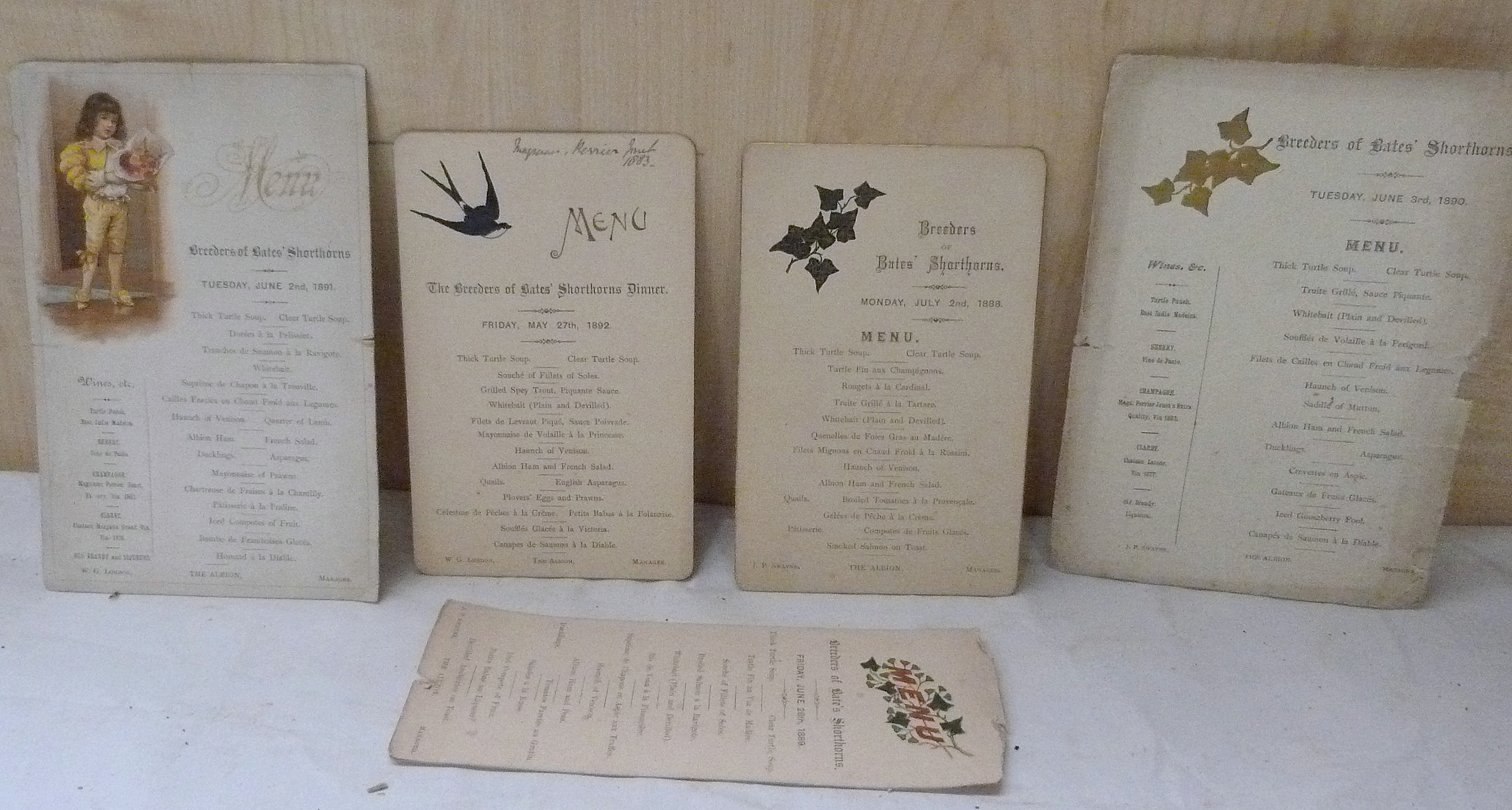 BREEDERS OF BATES`SHORTHORNS.  5 rare menu cards from their annual dinners, each with a decorative