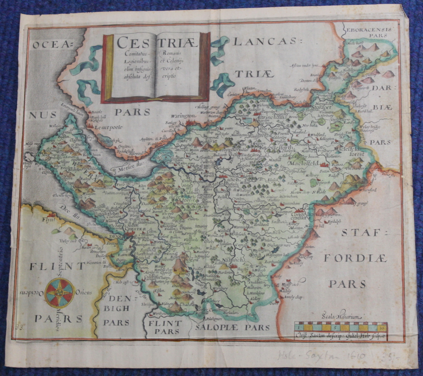 SAXTON CHRISTOPHER.  Cestriae (Cheshire). Antique hand coloured eng. map. 11" x 12", rolled, c.1610. - Image 5 of 27