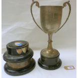 E.p. two handled trophy cup on plinth & two additional plinths with silver band & shields.  (4).