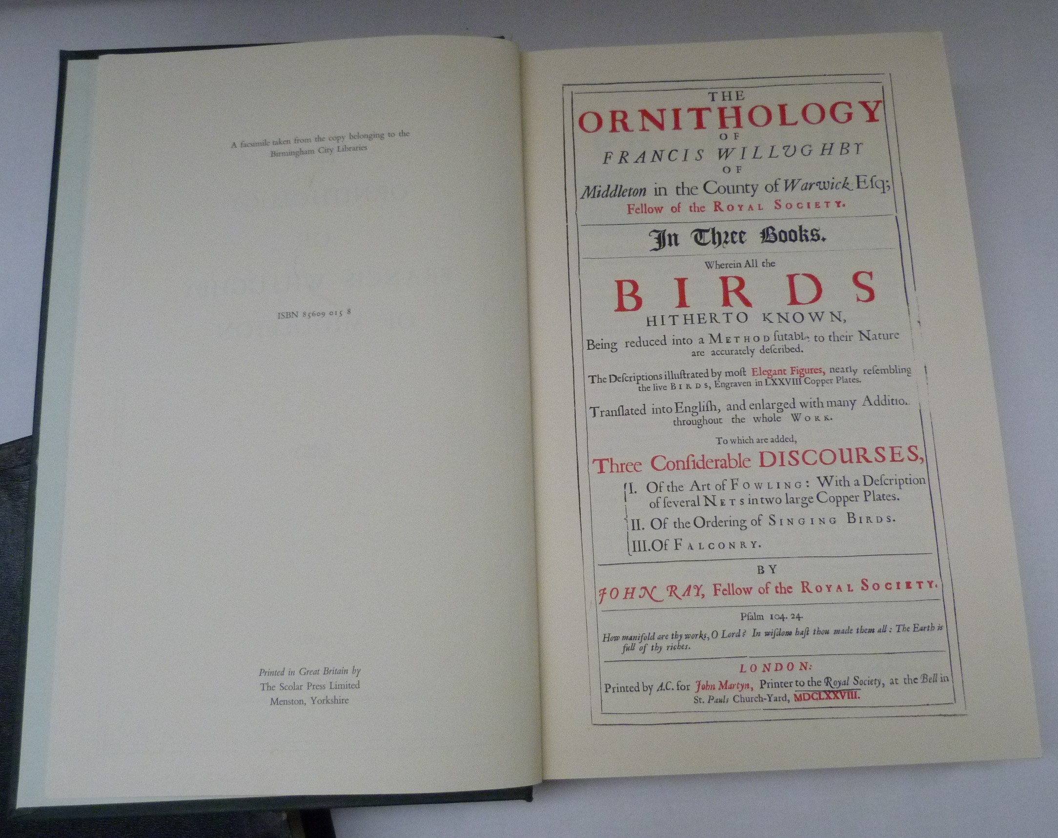 WILLUGHBY FRANCIS.  The Ornithology. Plates & facsimile text. Folio. Orig. green cloth with gilt - Image 2 of 3