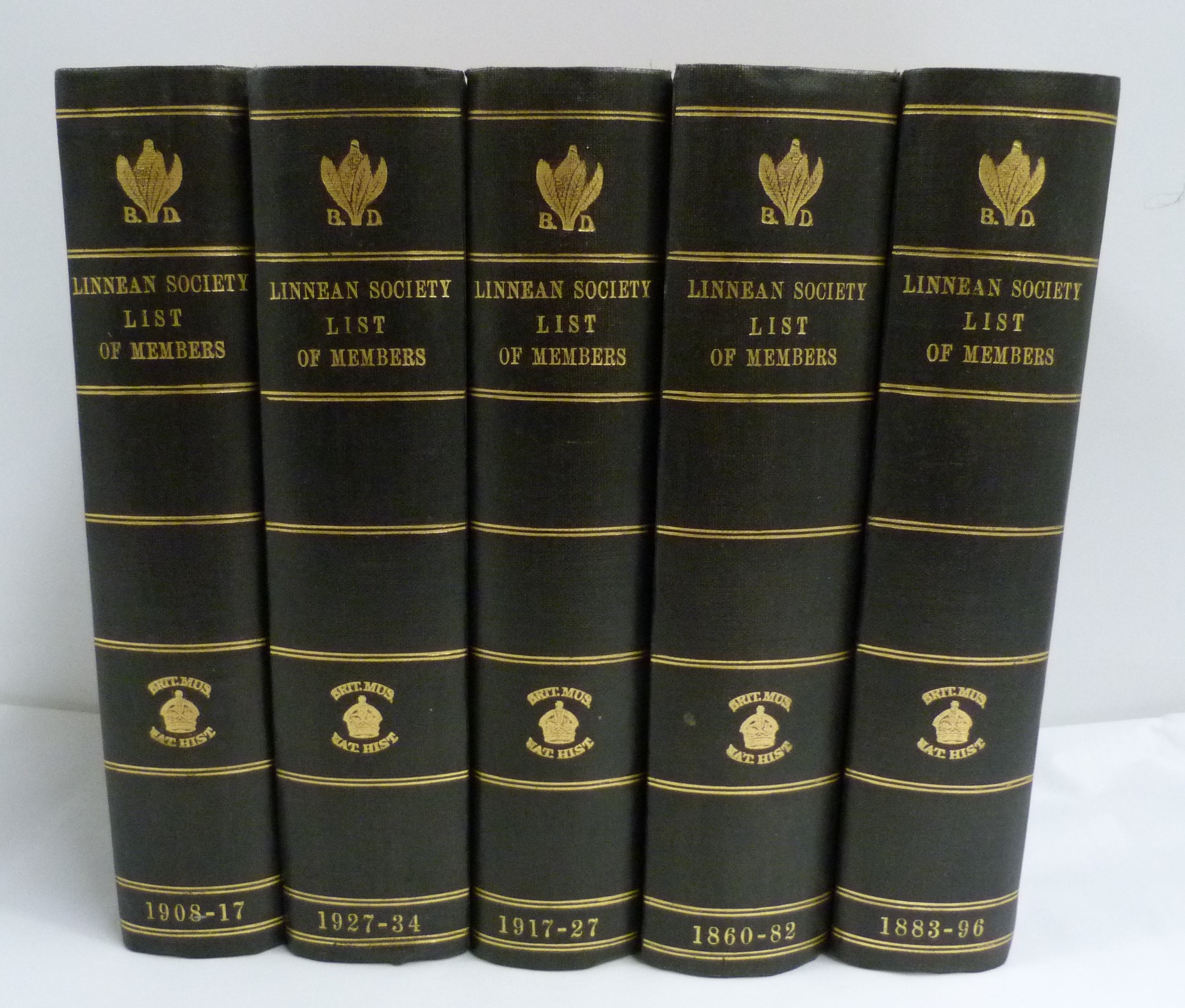 LINNEAN SOCIETY.  List of Members. 5 bound vols. Orig. wrappers bound in, blank interleaves,