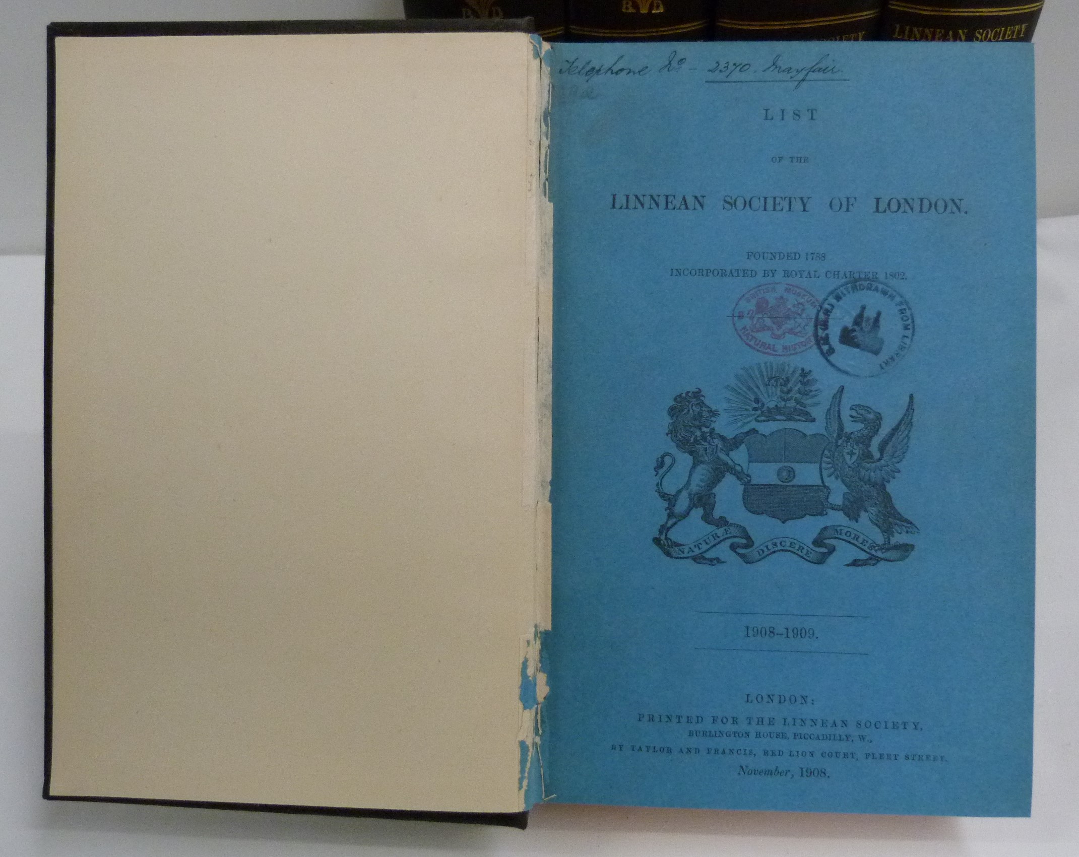 LINNEAN SOCIETY.  List of Members. 5 bound vols. Orig. wrappers bound in, blank interleaves, - Image 2 of 2