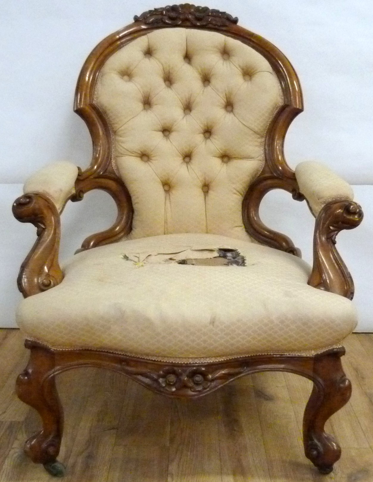 Victorian walnut framed ladies chair with floral carved toprail, upholstered button back and seat - Image 2 of 24